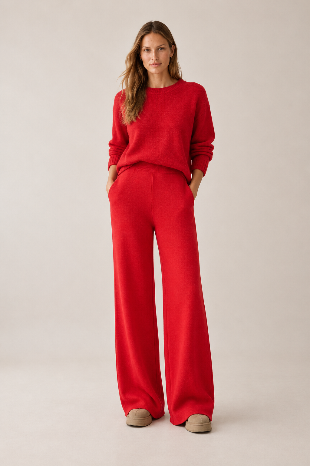 Yüksek Bel Lastik Detaylı Geniş Paça Triko Pantolon