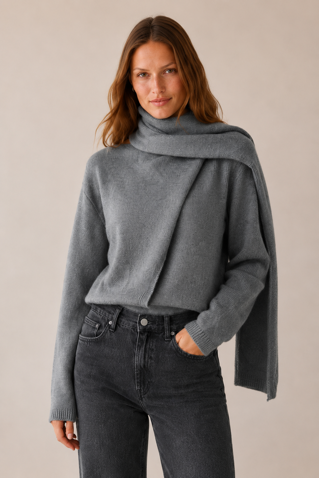 Bej Şal Atkılı Oversize Kazak