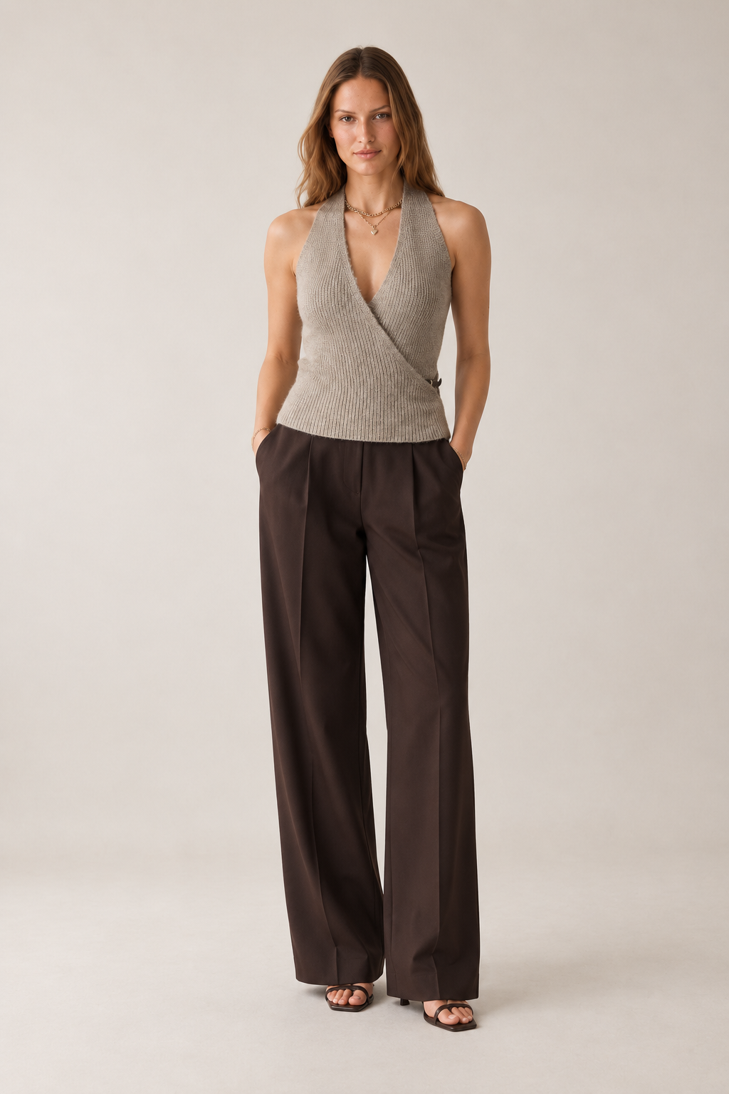 Kruvaze Halter Yaka Vizon Kemerli Top Bluz