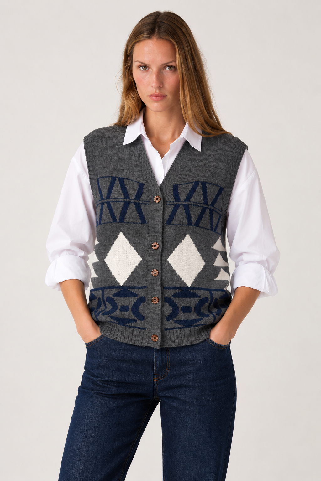 Bisiklet Yaka Etnik Desen Oversize Yelek