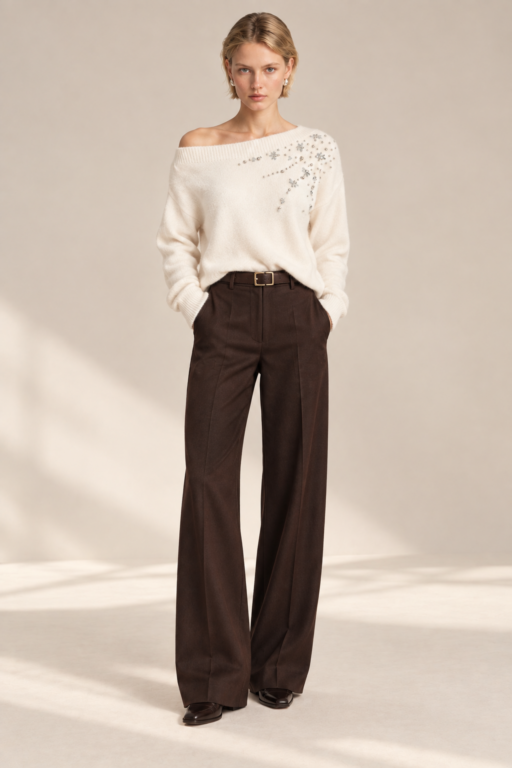 Kayık Yaka Taş Nakış İşleme Detaylı Kazak