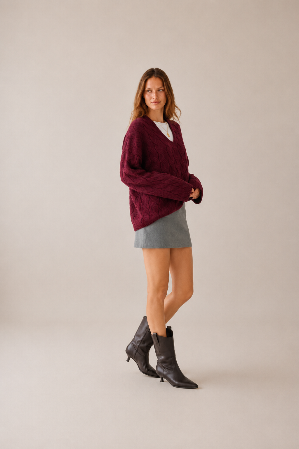 Bordo V Yaka Örgü Desenli Premium Doku Oversize Kazak