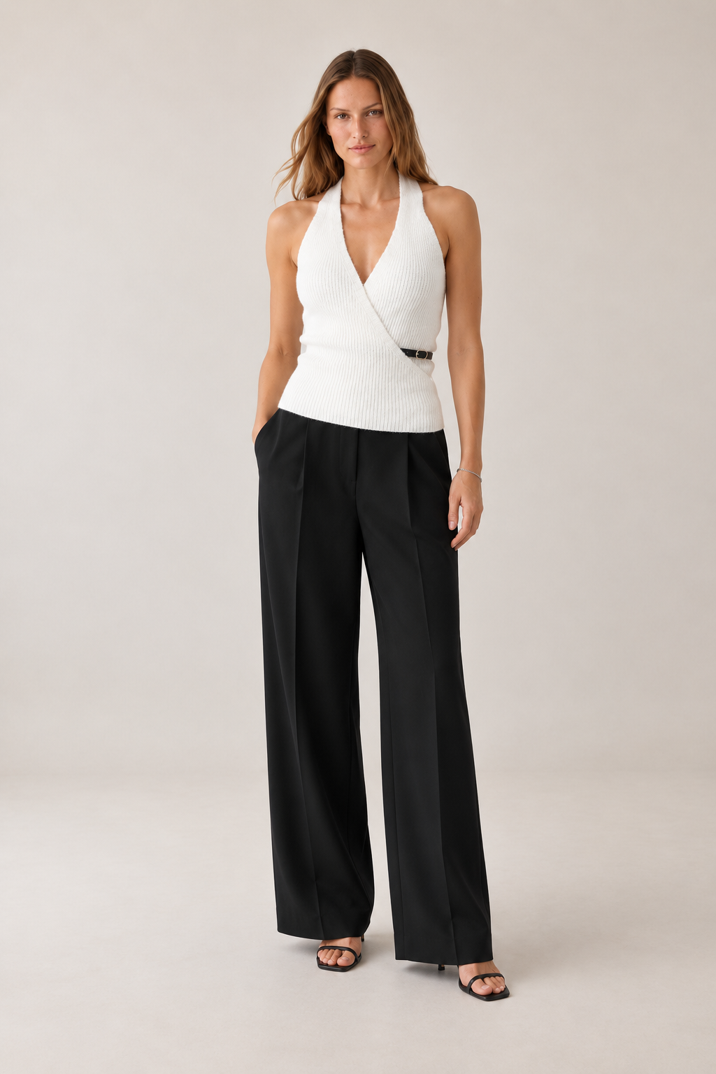 Kruvaze Halter Yaka Vizon Kemerli Top Bluz
