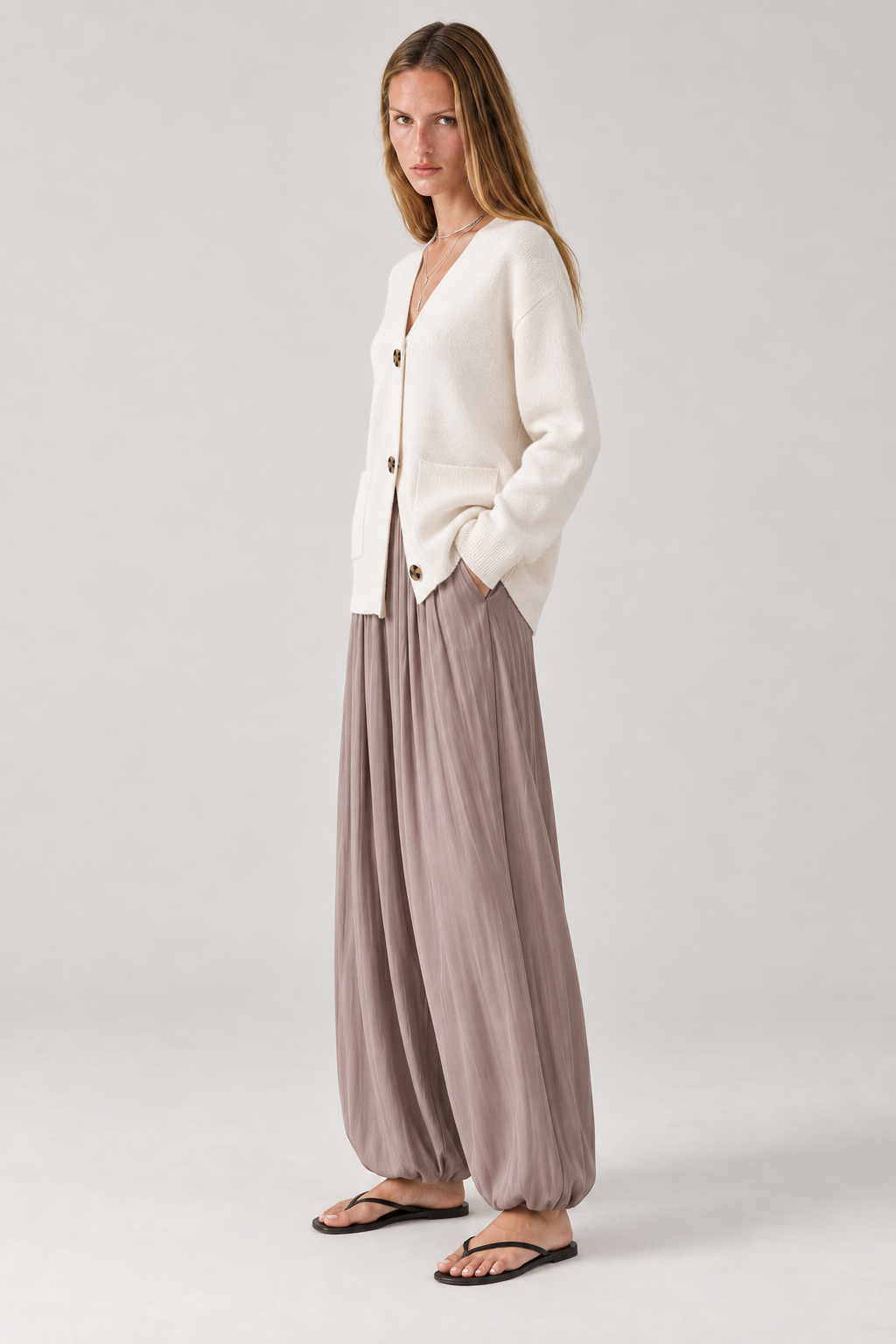 Pudra V Yaka Cepli Oversize Triko Hırka