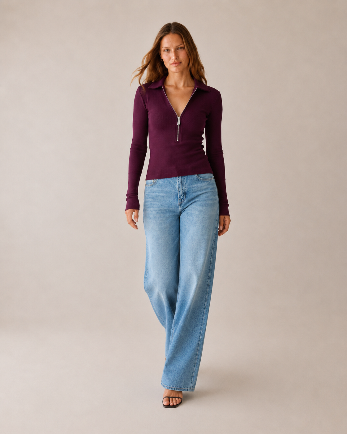 Bordo Polo Yaka Fermuarlı Bluz