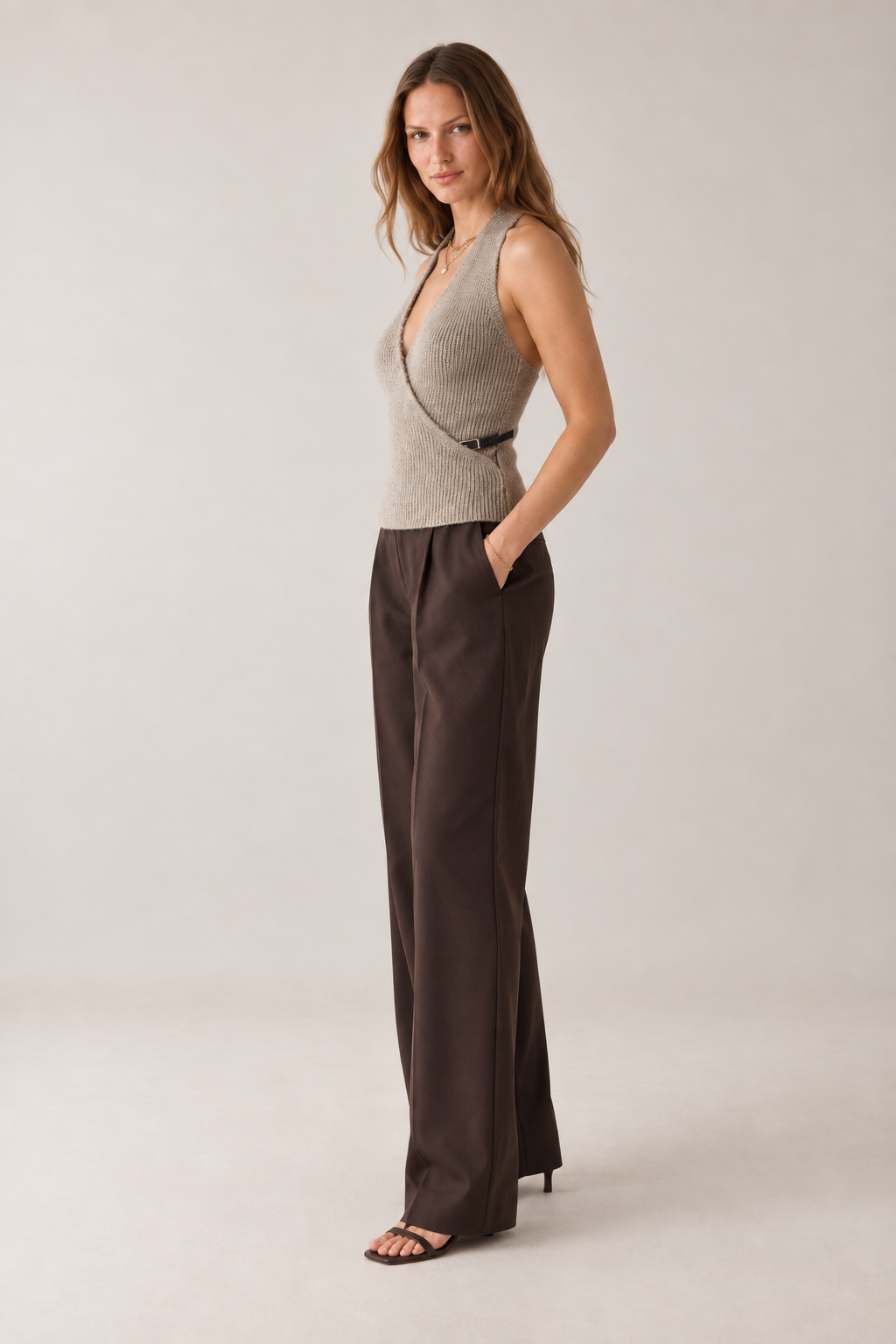 Kruvaze Halter Yaka Vizon Kemerli Top Bluz