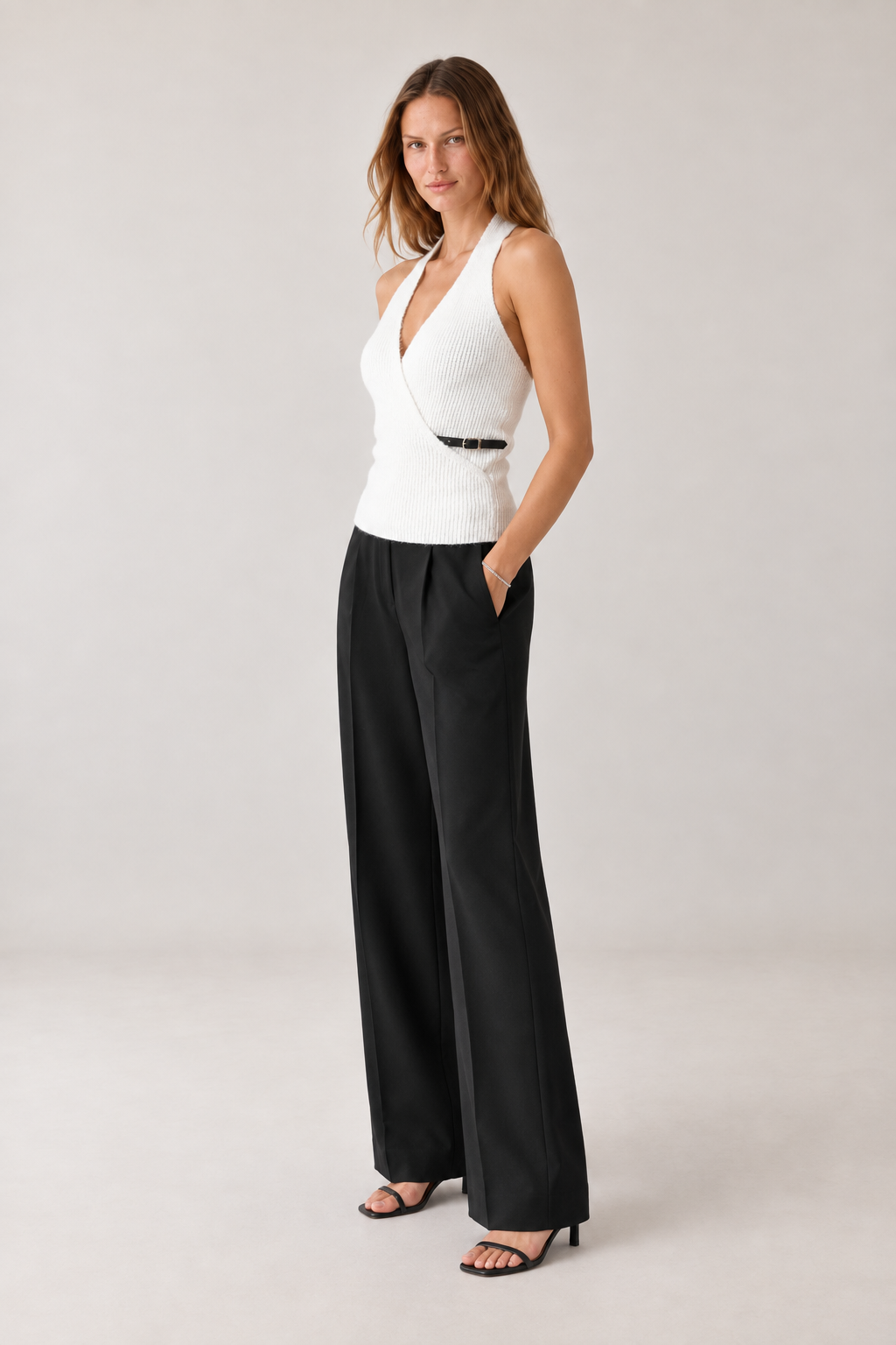 Kruvaze Halter Yaka Vizon Kemerli Top Bluz