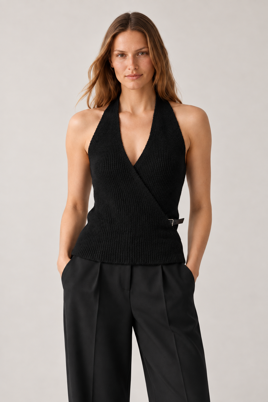 Kruvaze Halter Yaka Vizon Kemerli Top Bluz