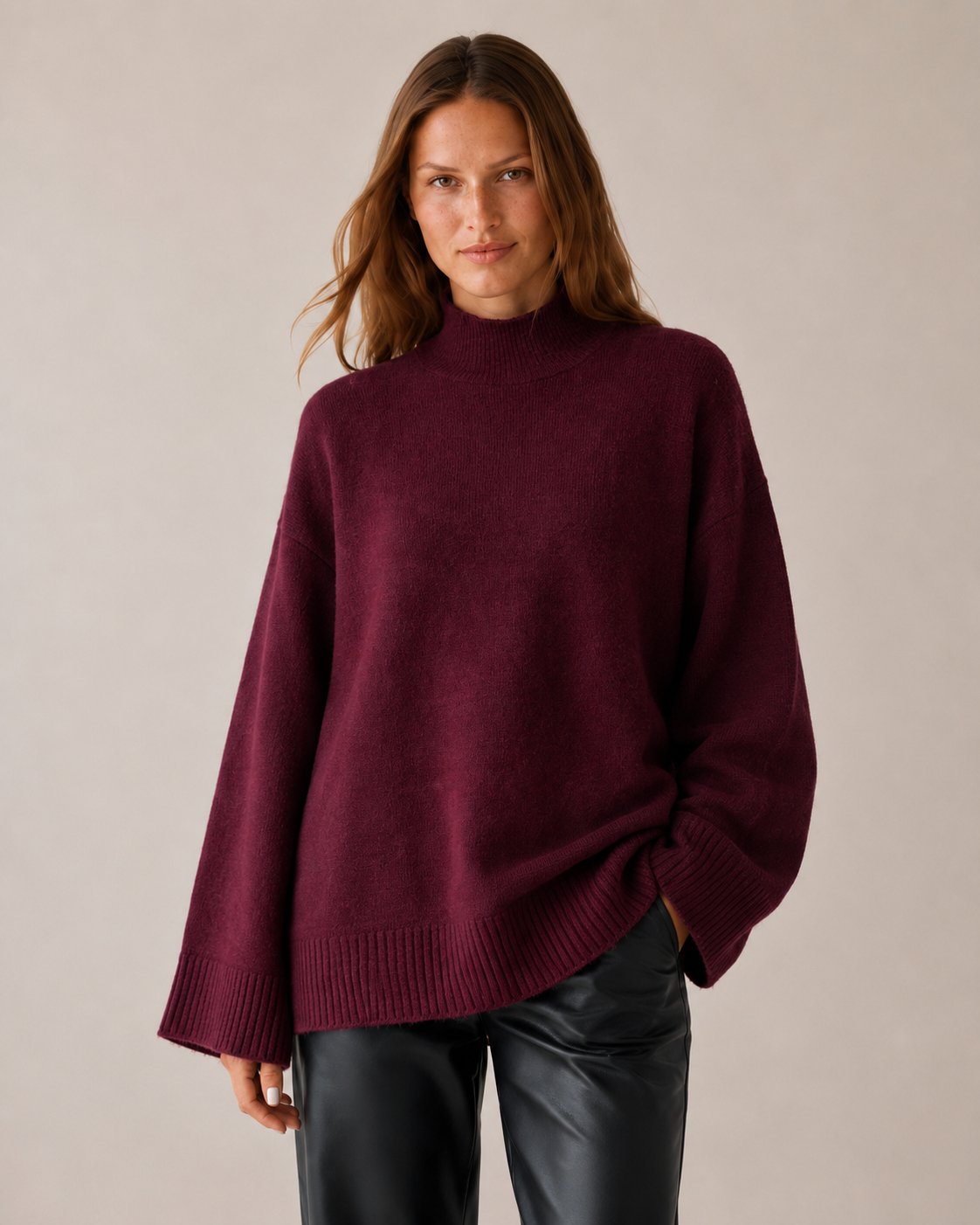 Kadın Bordo Bisiklet Yaka Kolları Geniş Oversize Kazak