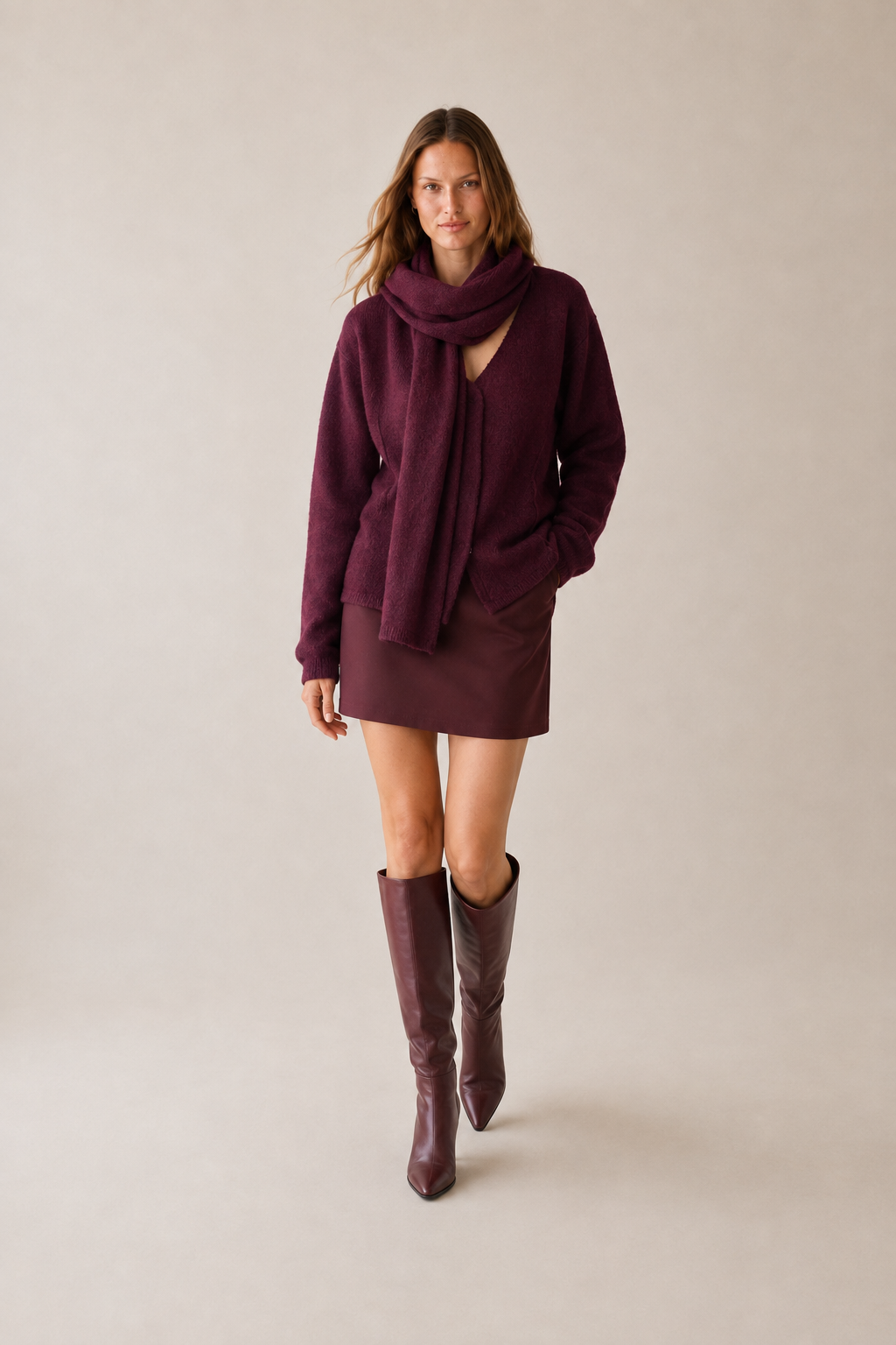 Bordo V Yaka Şal Detaylı Oversize Hırka