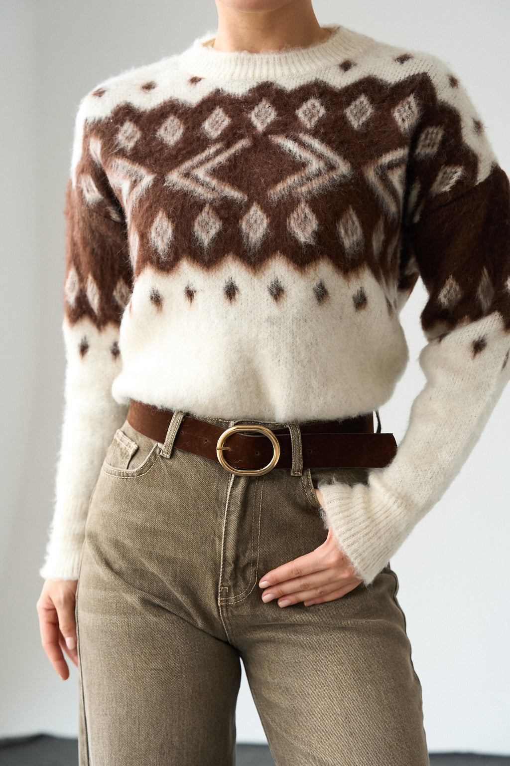 Kadın Bisiklet Yaka Desenli Şardonlu Triko Kazak