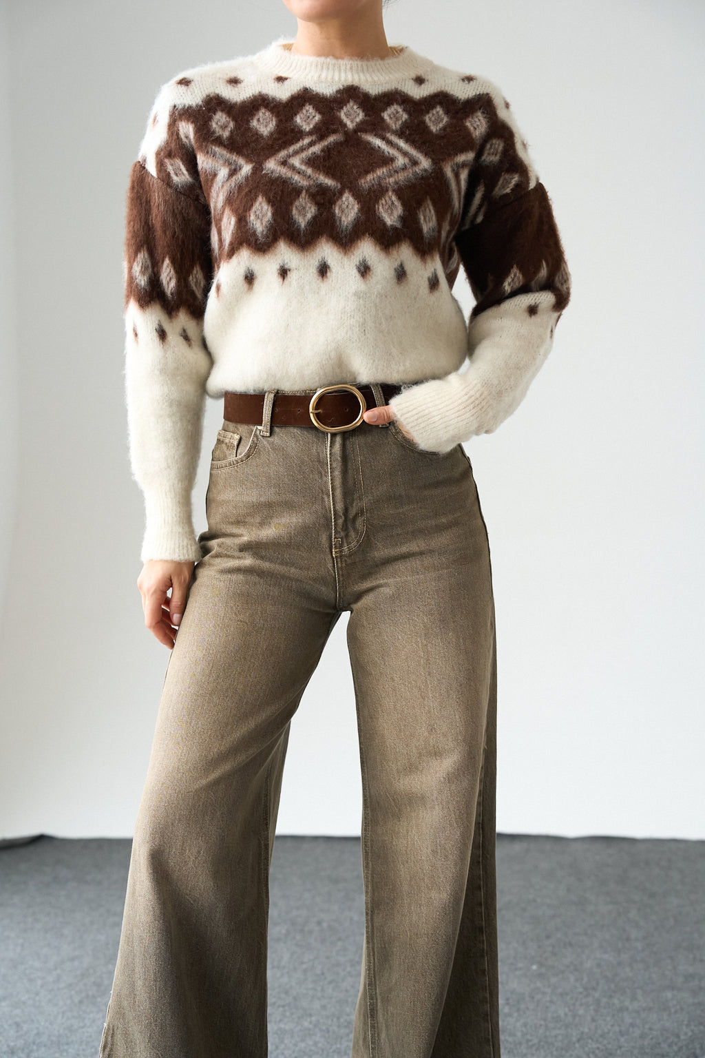 Kadın Bisiklet Yaka Desenli Şardonlu Triko Kazak