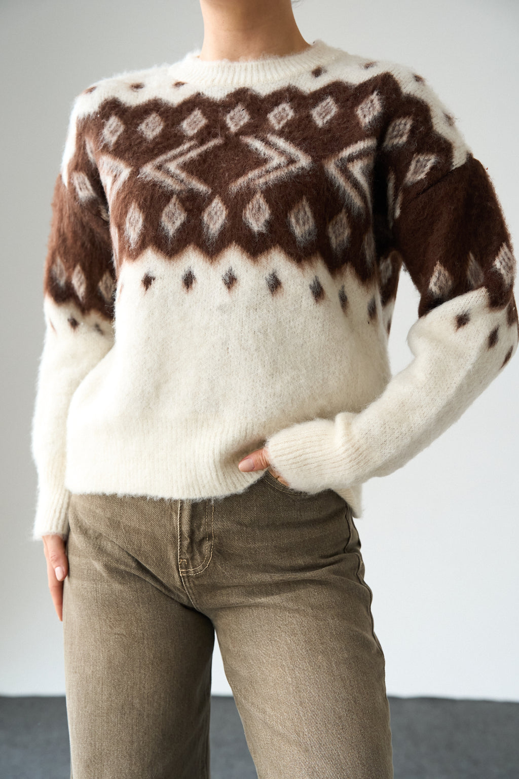 Kadın Bisiklet Yaka Desenli Şardonlu Triko Kazak