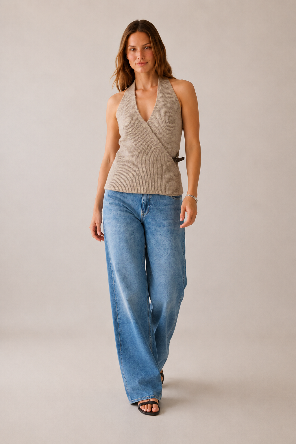Kruvaze Halter Yaka Vizon Kemerli Top Bluz