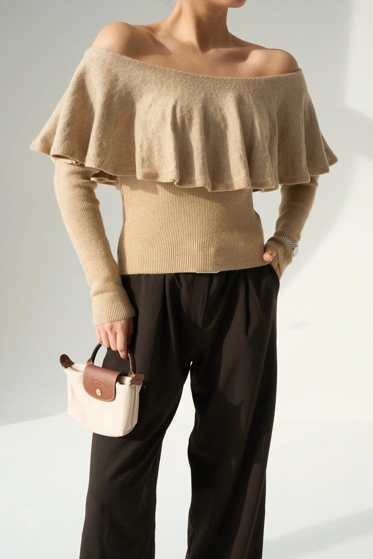 Kadın Farbalalı Omuzları Açık Kazak