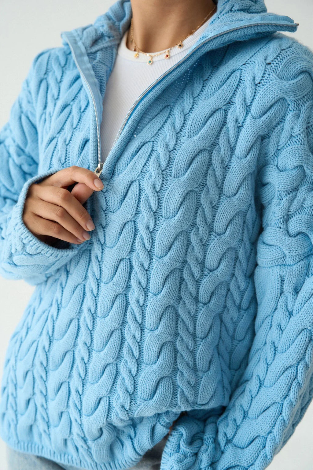 Kadın Yakası Fermuarlı Örgü Desen Oversize Kazak