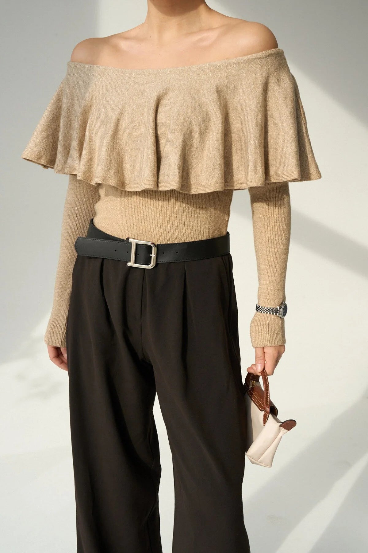 Kadın Farbalalı Omuzları Açık Kazak