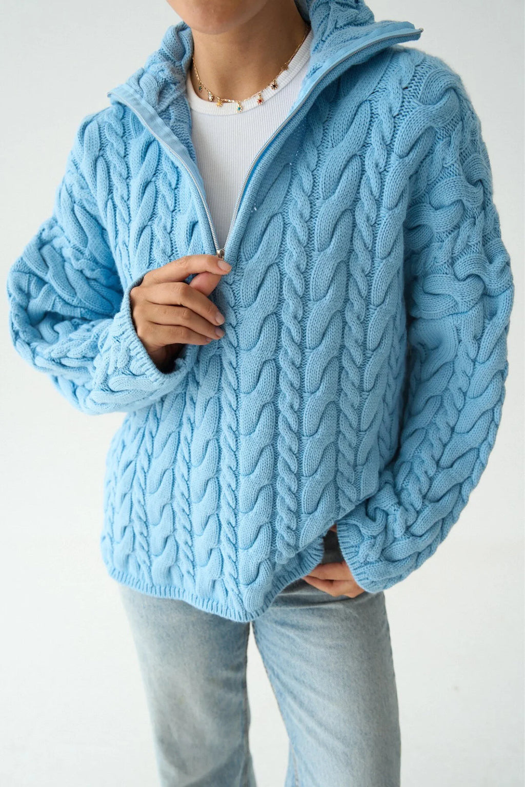 Kadın Yakası Fermuarlı Örgü Desen Oversize Kazak