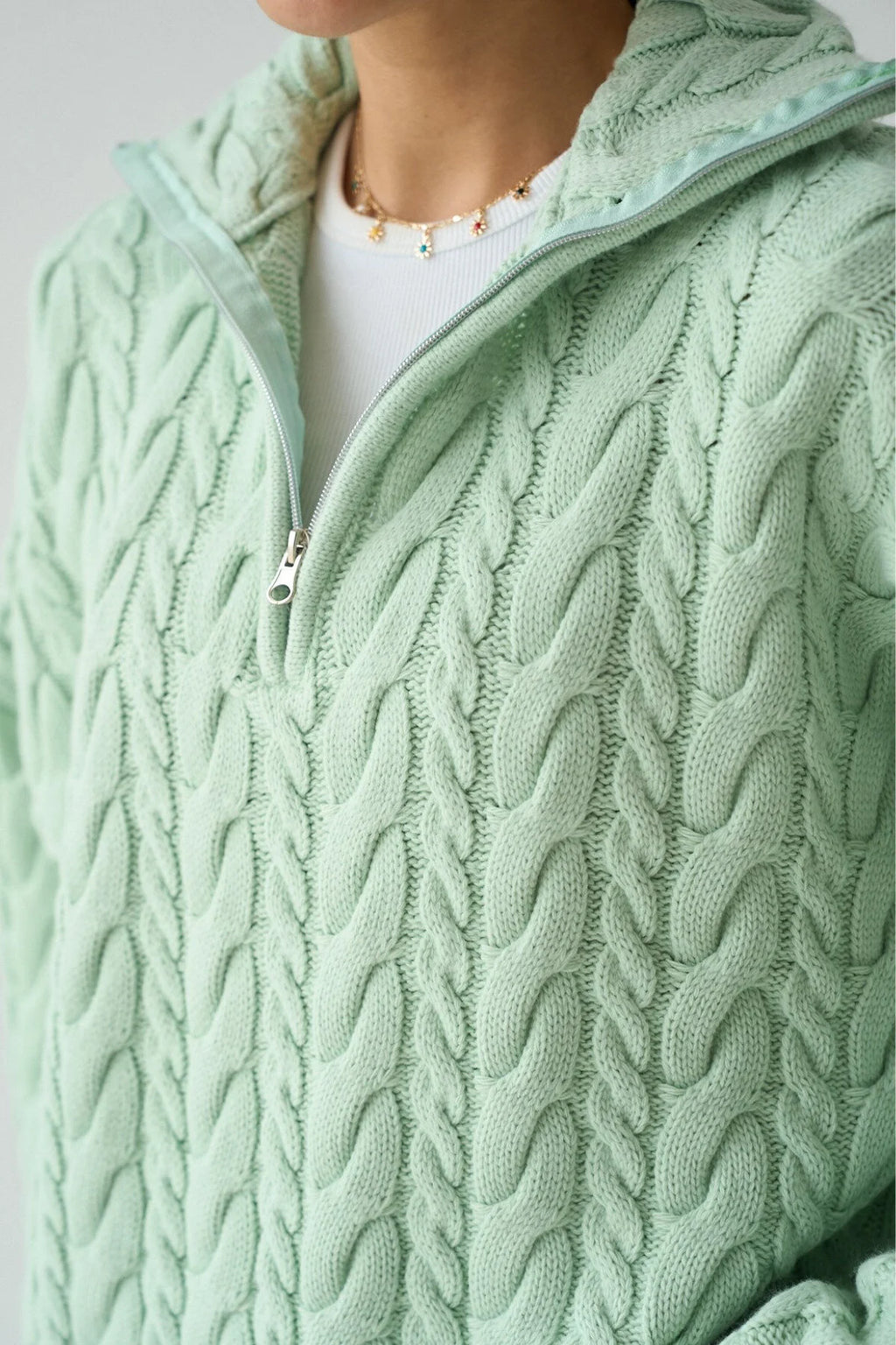 Kadın Yakası Fermuarlı Örgü Desen Oversize Kazak