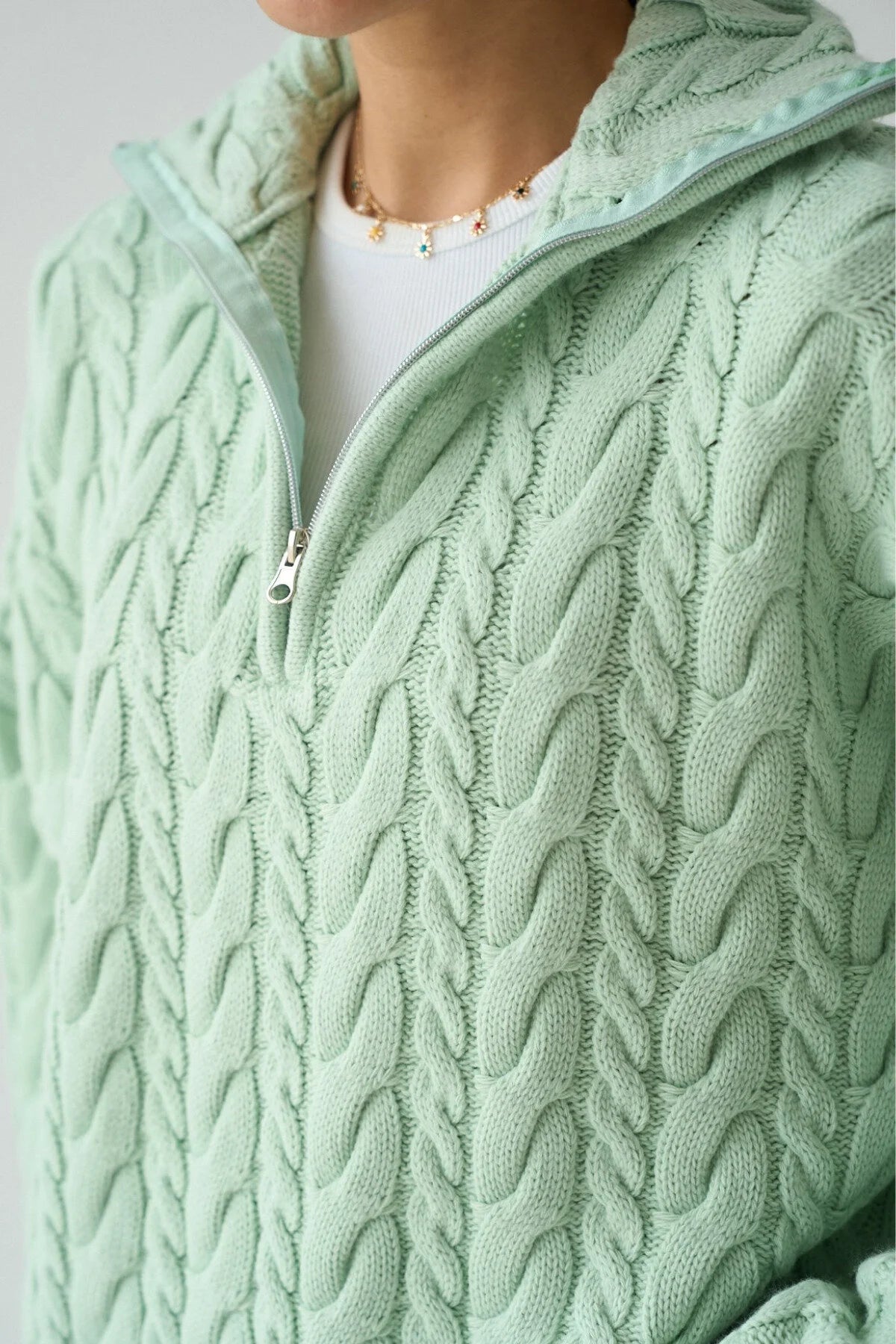 Kadın Yakası Fermuarlı Örgü Desen Oversize Kazak