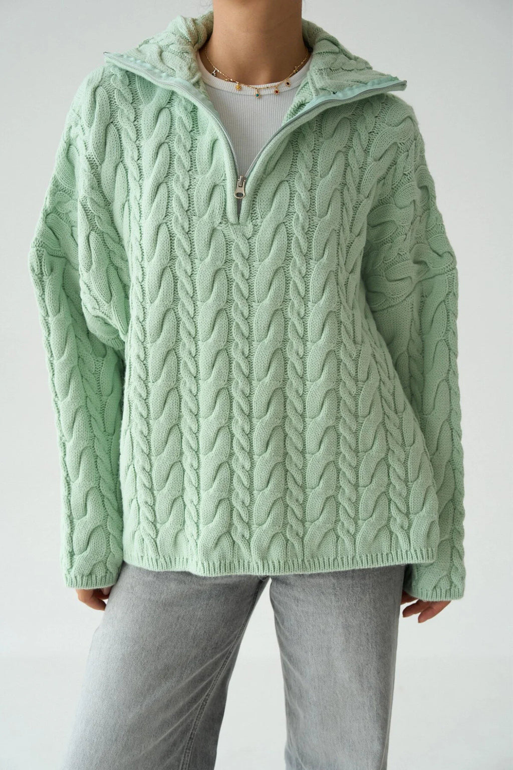 Kadın Yakası Fermuarlı Örgü Desen Oversize Kazak