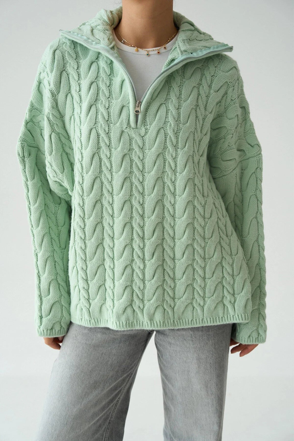 Kadın Yakası Fermuarlı Örgü Desen Oversize Kazak