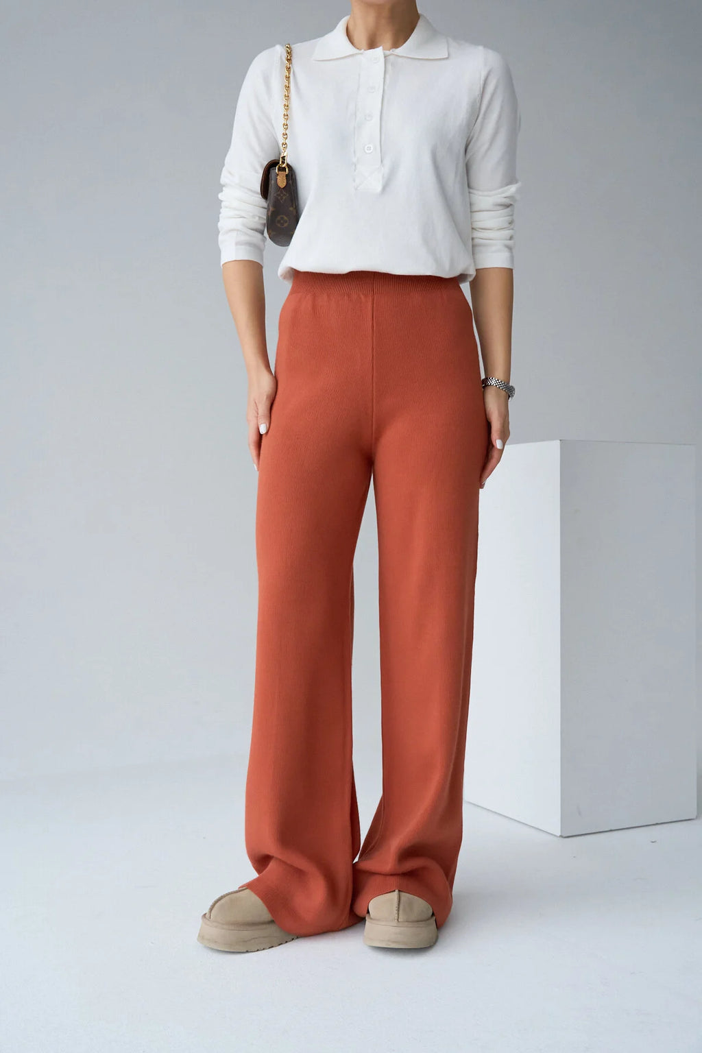 Kadın Yüksek Bel Lastik Detaylı Geniş Paça Triko Pantolon