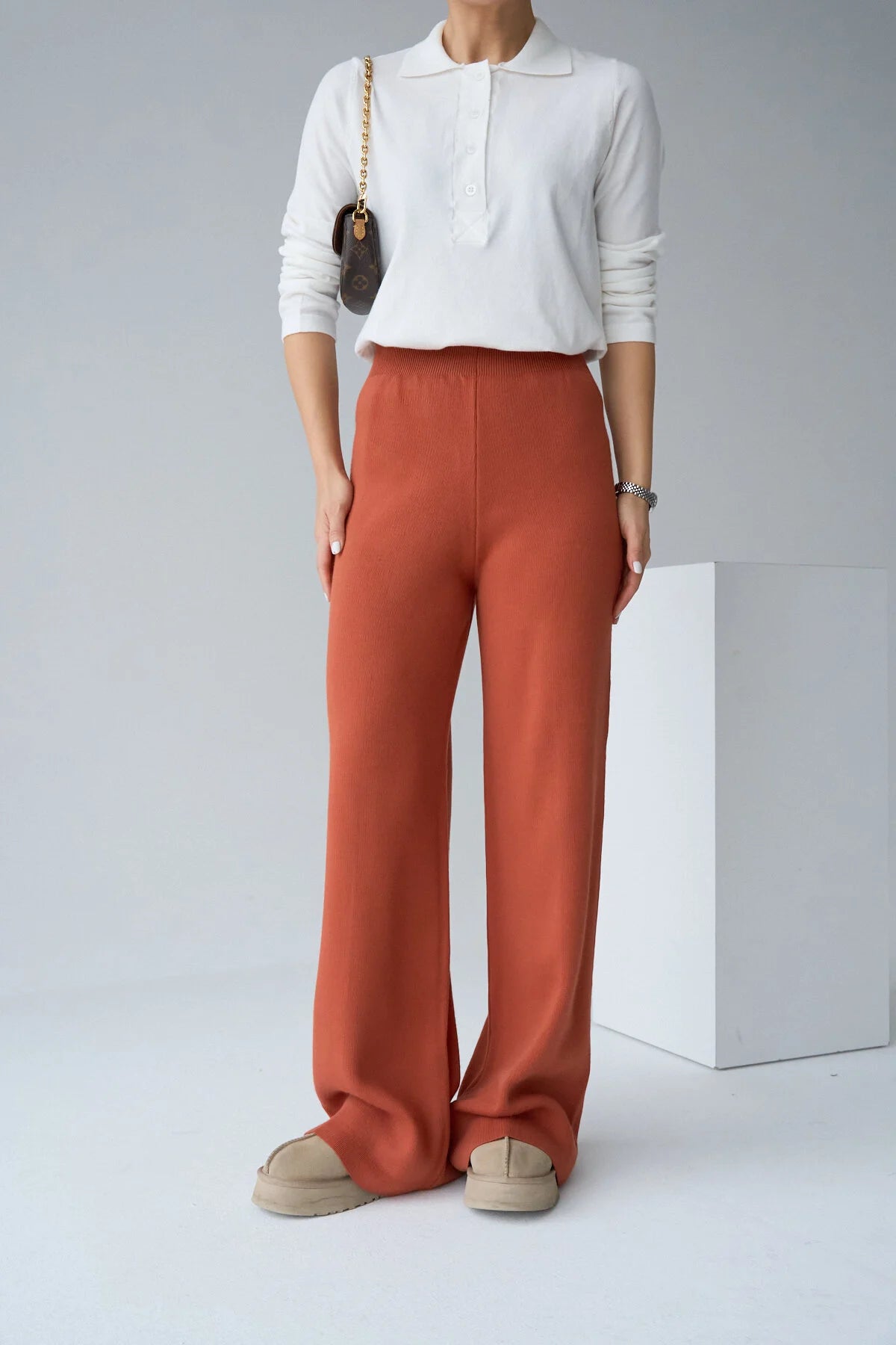 Kadın Yüksek Bel Lastik Detaylı Geniş Paça Triko Pantolon