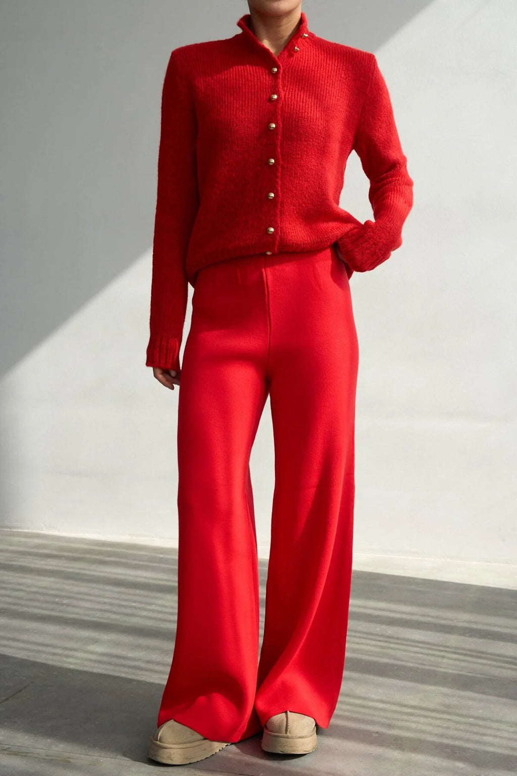 Kadın Yüksek Bel Lastik Detaylı Geniş Paça Triko Pantolon