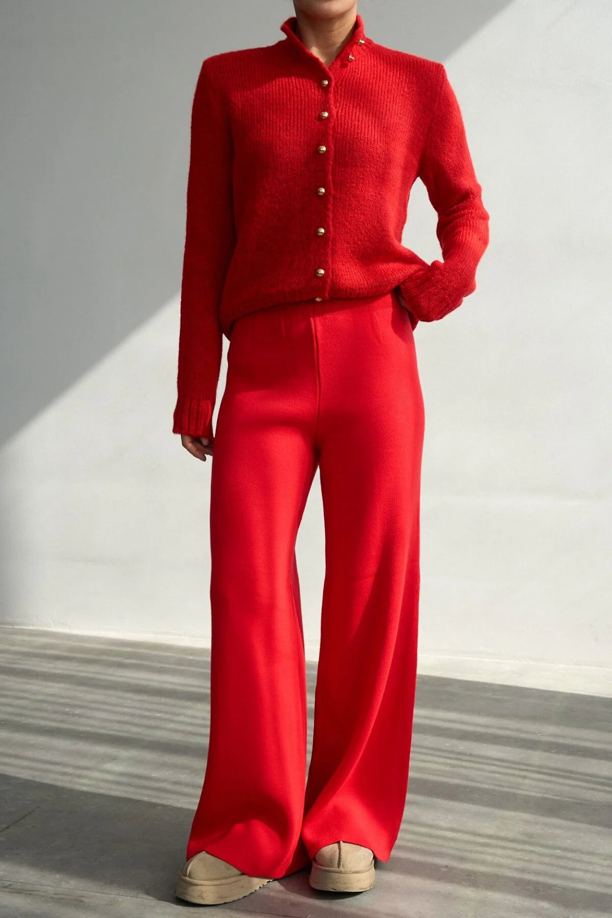 Kadın Yüksek Bel Lastik Detaylı Geniş Paça Triko Pantolon