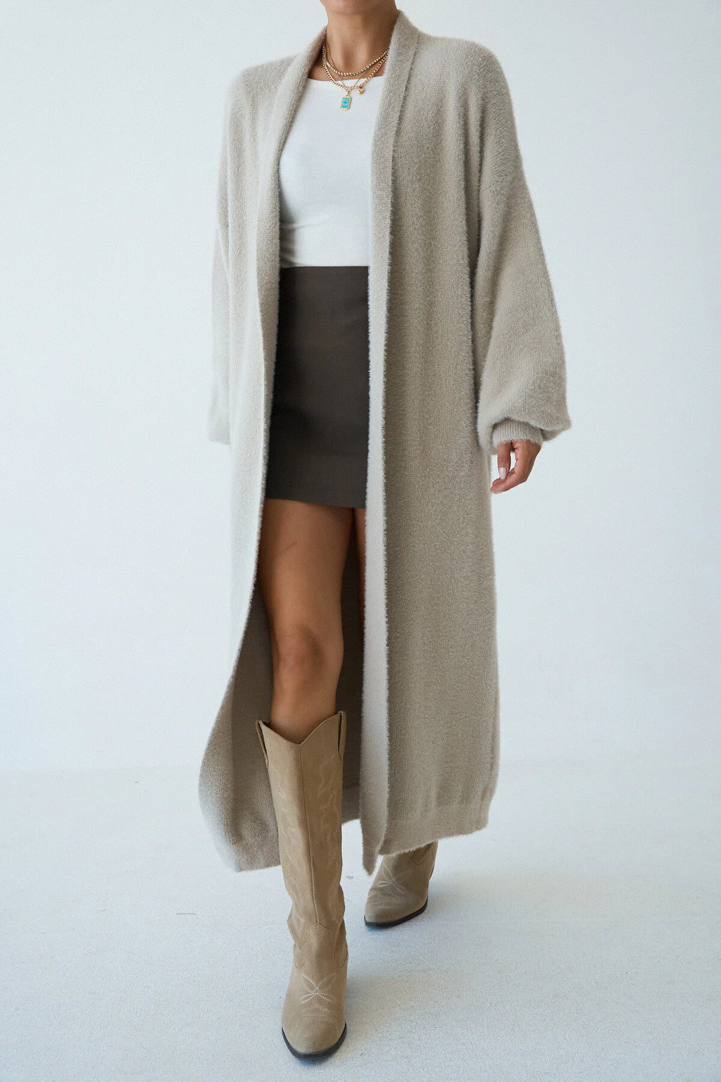 Kadın Şal Yaka Dokulu Balon Kol Uzun Salaş Hırka