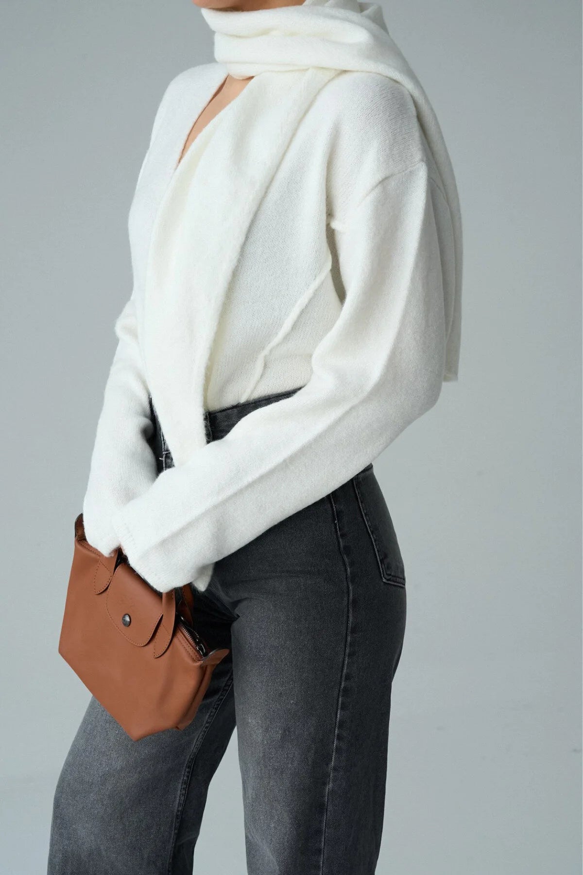 Kadın V Yaka Şal Detaylı Oversize Hırka