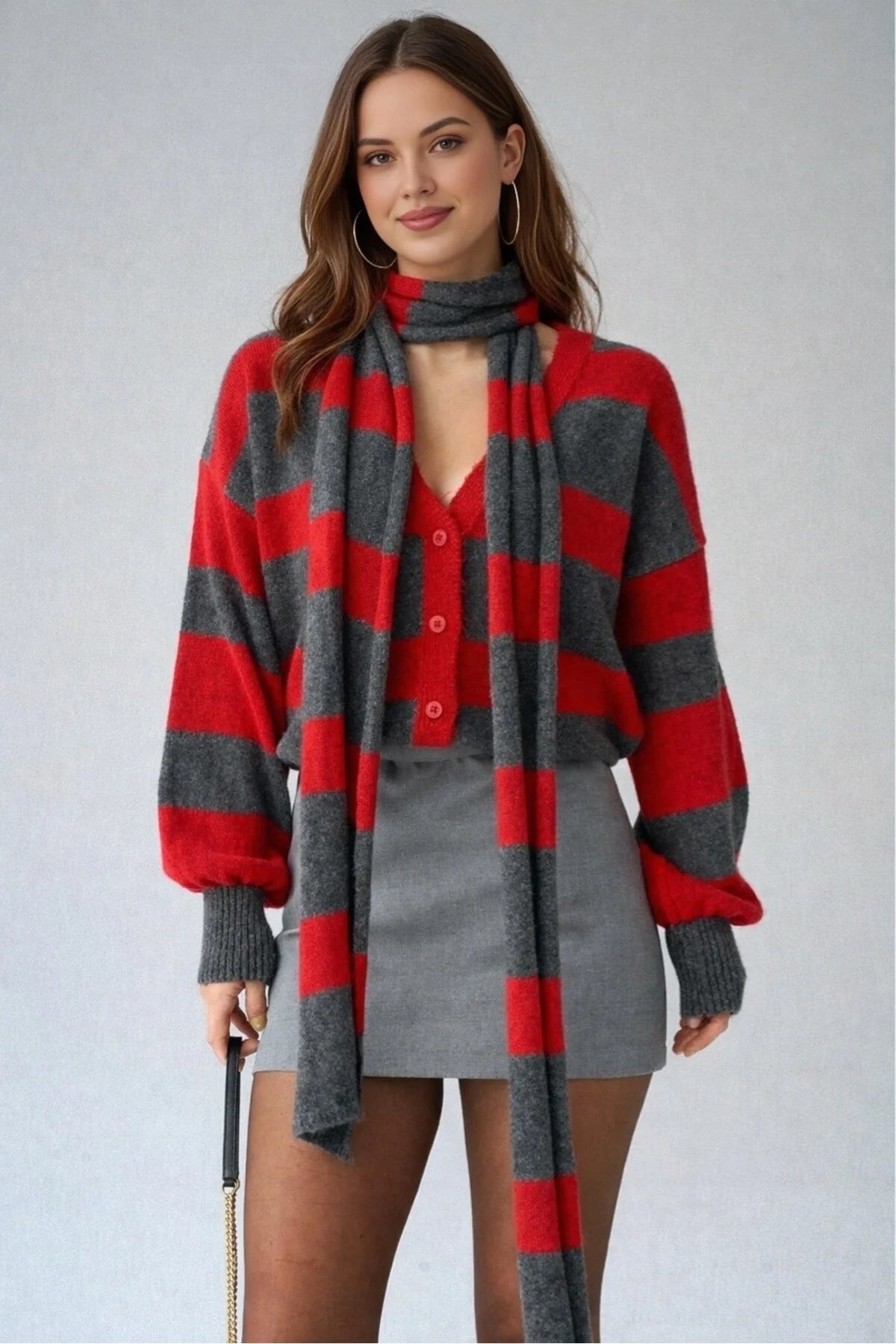 Kadın Çizgili Şal Aksesuarlı Hırka