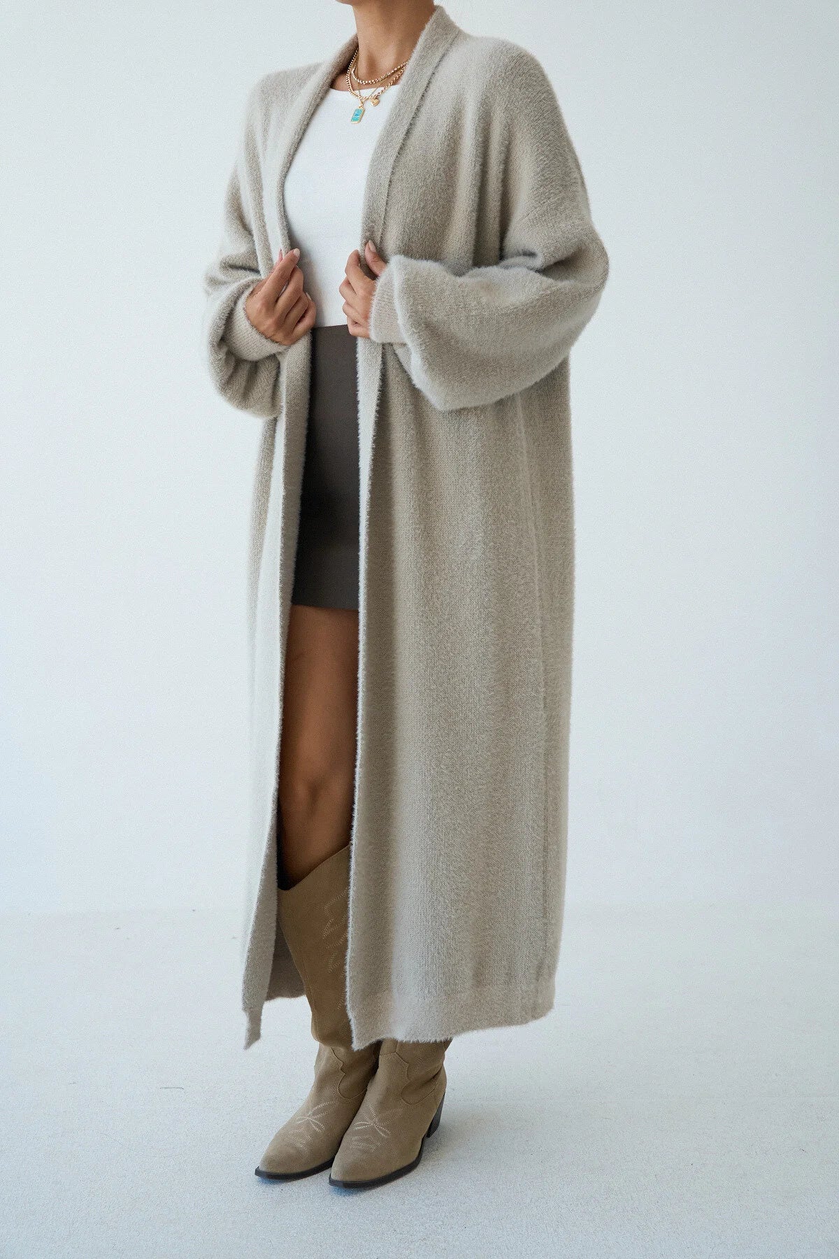 Kadın Şal Yaka Dokulu Balon Kol Uzun Salaş Hırka