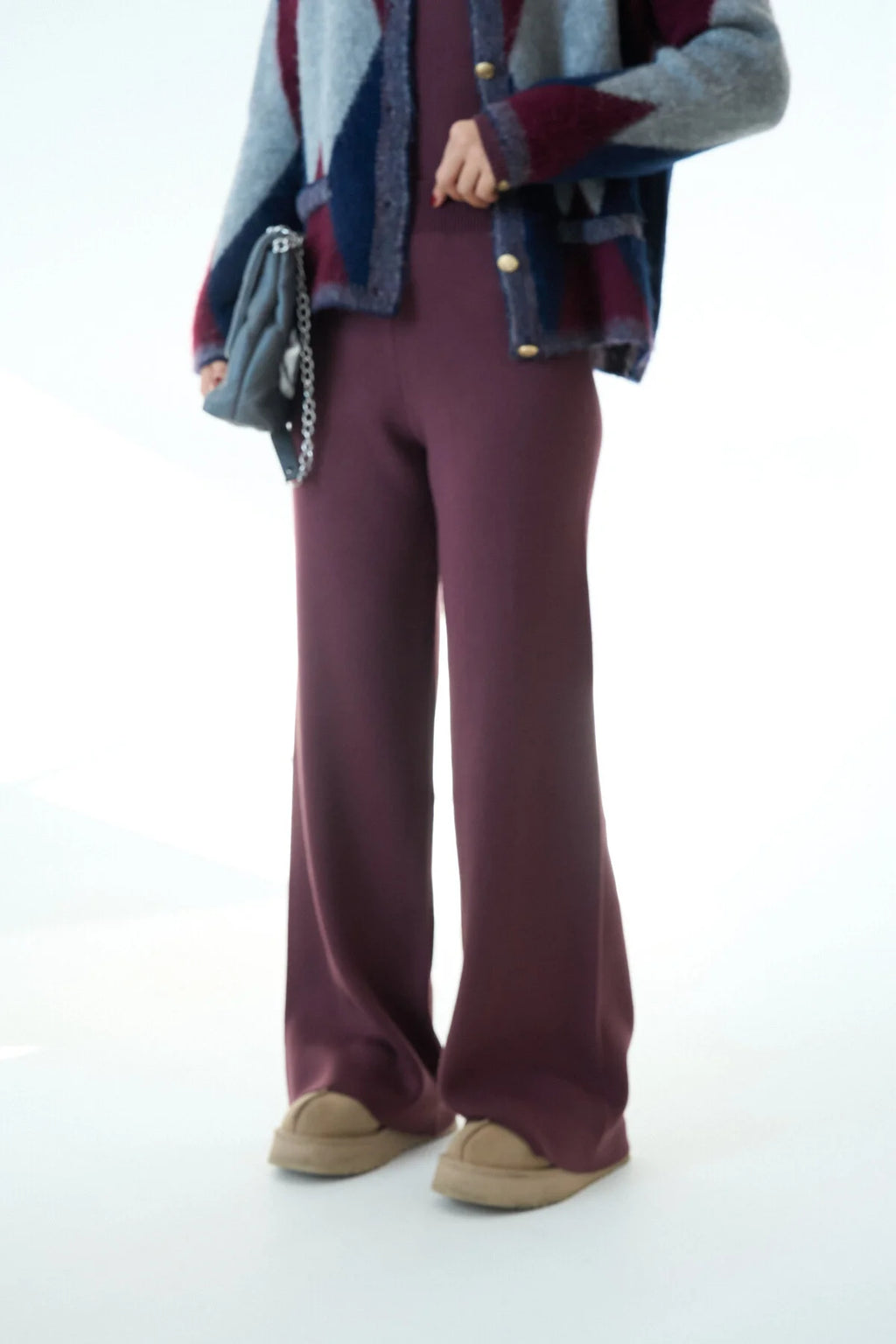 Kadın Yüksek Bel Lastik Detaylı Geniş Paça Triko Pantolon