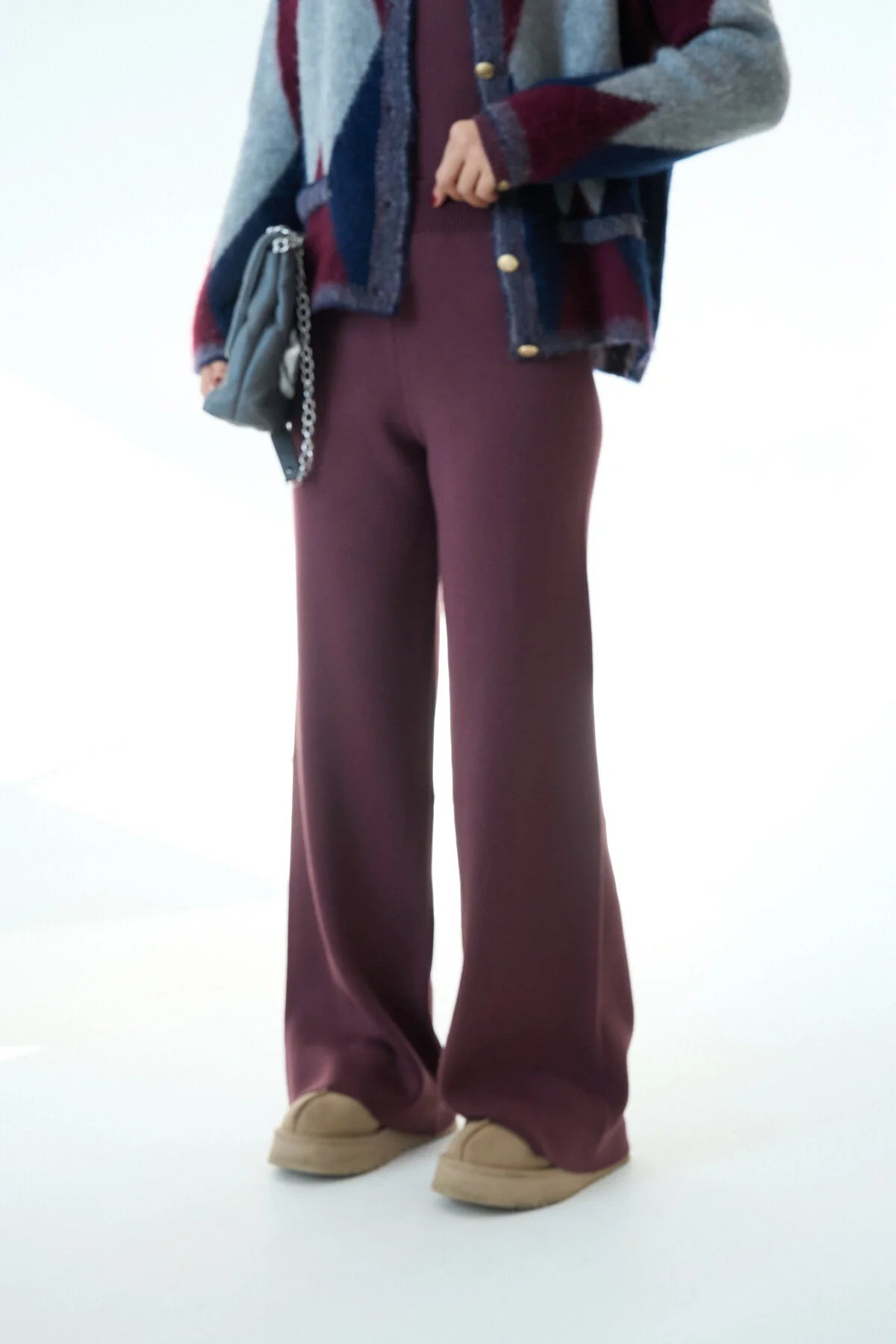 Kadın Yüksek Bel Lastik Detaylı Geniş Paça Triko Pantolon