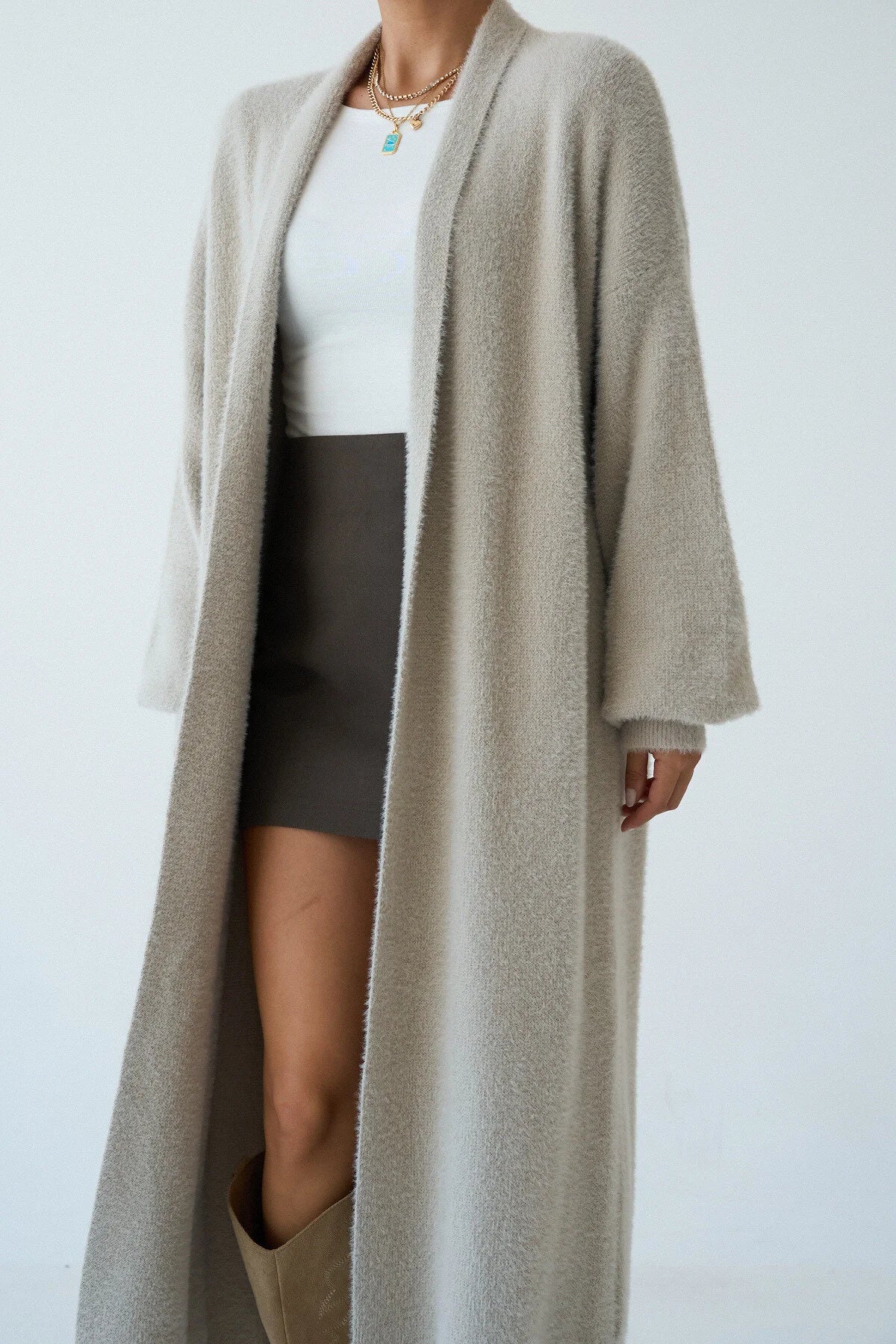 Kadın Şal Yaka Dokulu Balon Kol Uzun Salaş Hırka