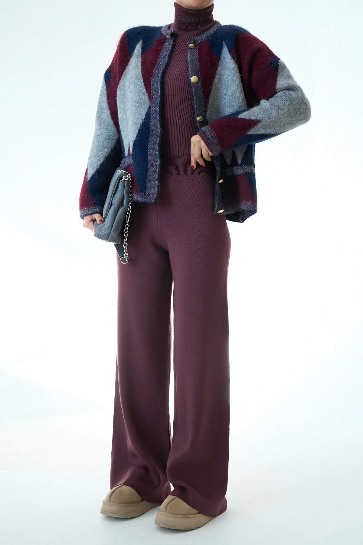 Kadın Yüksek Bel Lastik Detaylı Geniş Paça Triko Pantolon