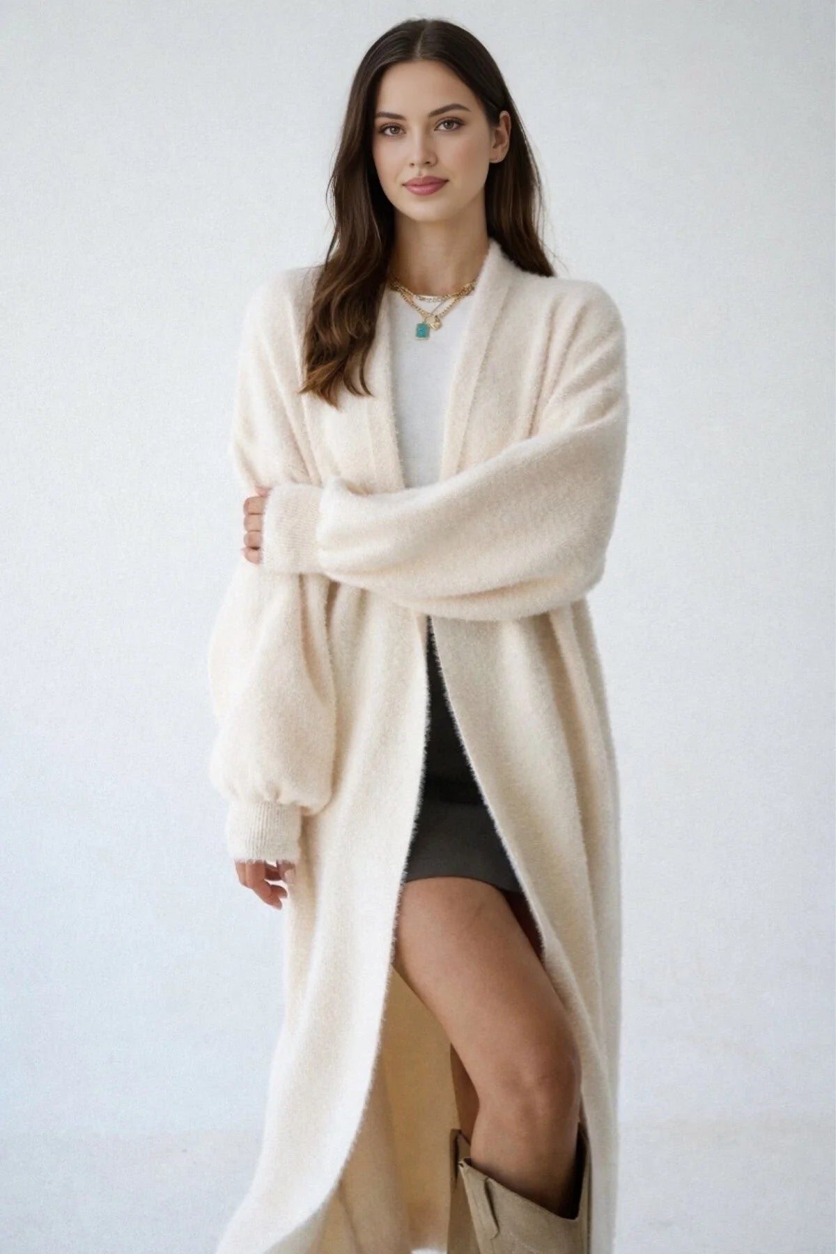 Kadın Şal Yaka Dokulu Balon Kol Uzun Salaş Hırka