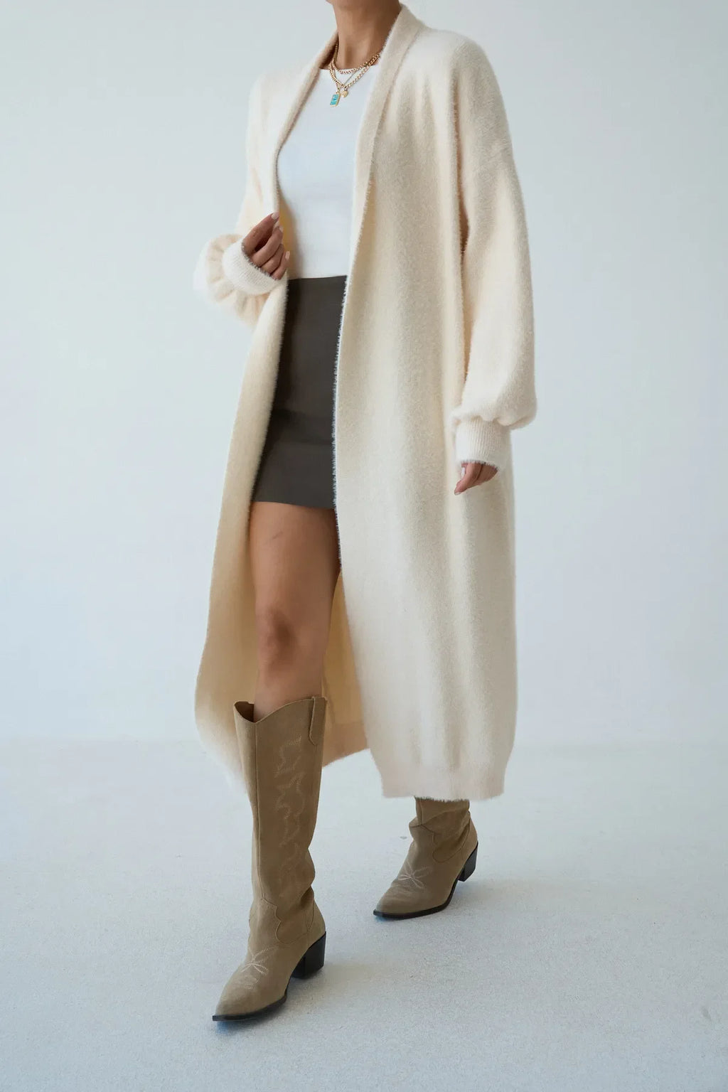 Kadın Şal Yaka Dokulu Balon Kol Uzun Salaş Hırka