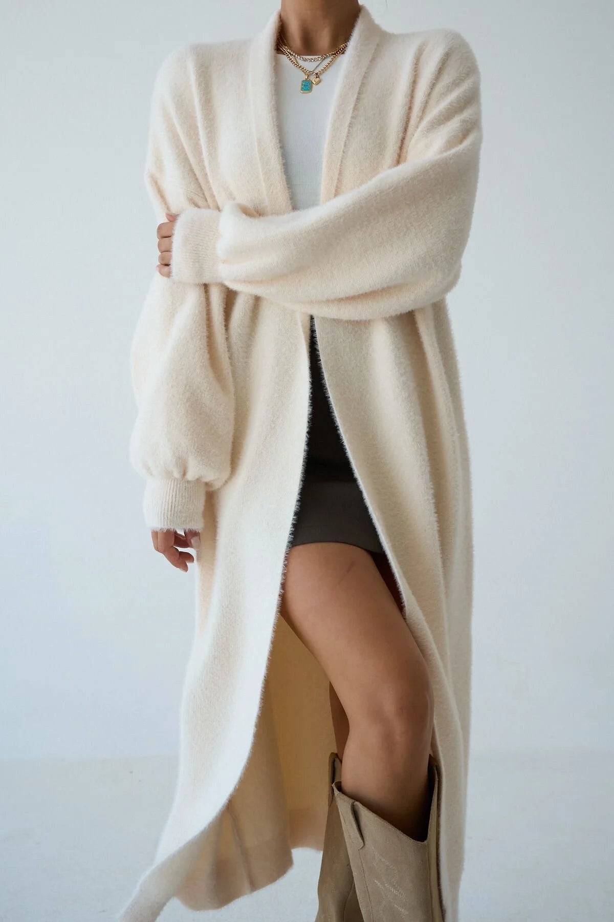 Kadın Şal Yaka Dokulu Balon Kol Uzun Salaş Hırka