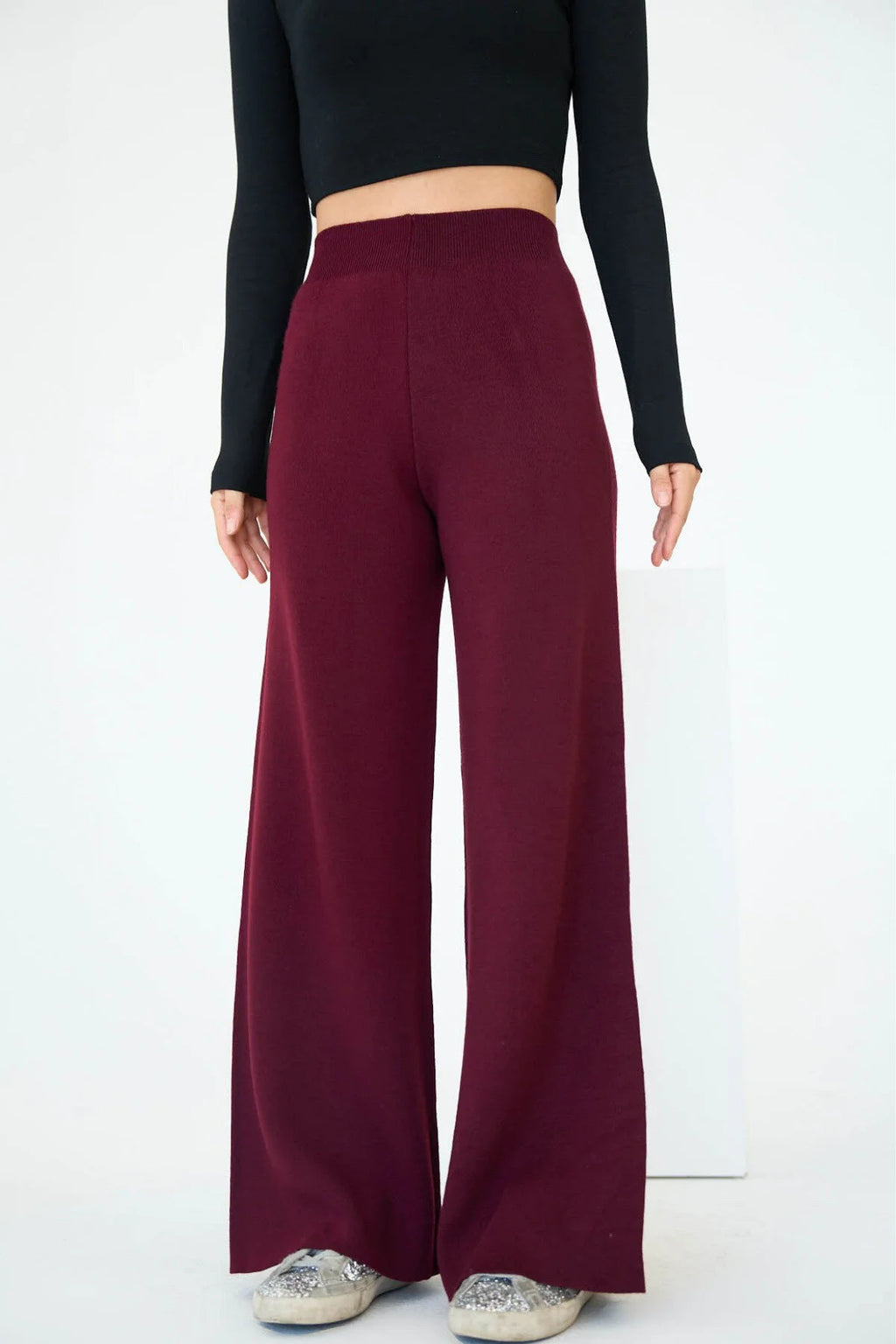 Kadın Yüksek Bel Lastik Detaylı Geniş Paça Triko Pantolon