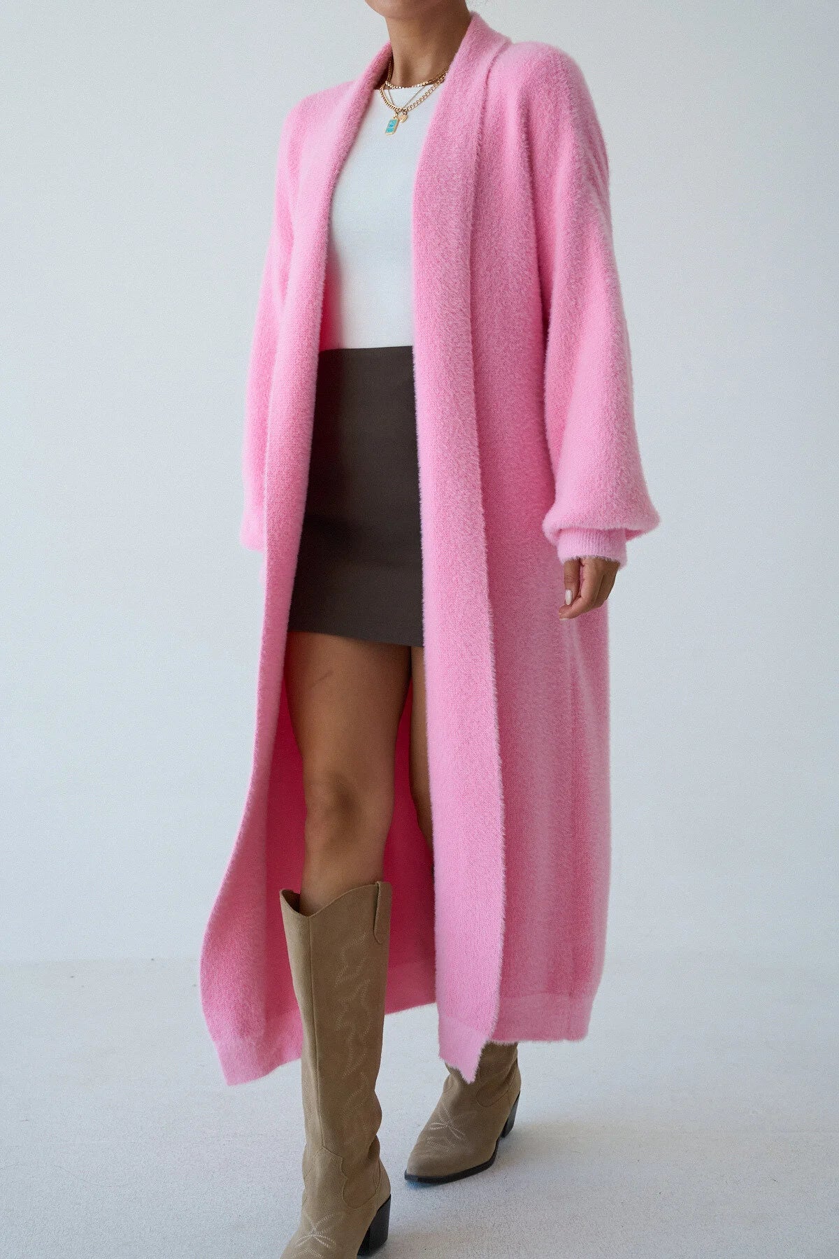 Kadın Şal Yaka Dokulu Balon Kol Uzun Salaş Hırka