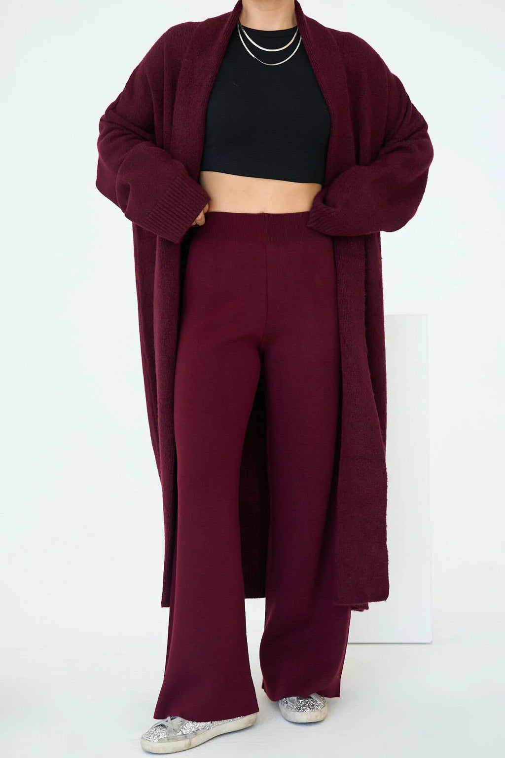 Kadın Yüksek Bel Lastik Detaylı Geniş Paça Triko Pantolon