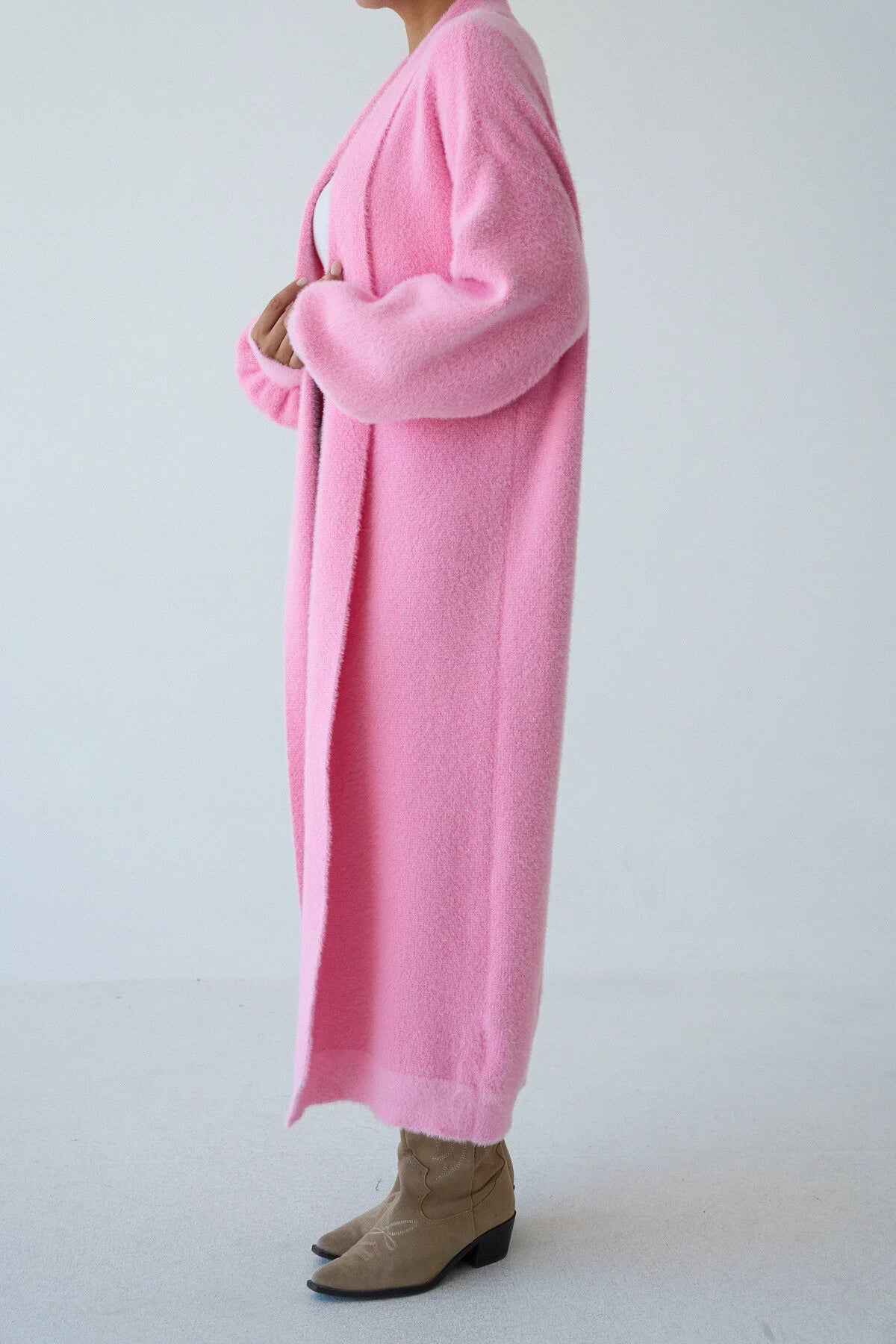 Kadın Şal Yaka Dokulu Balon Kol Uzun Salaş Hırka