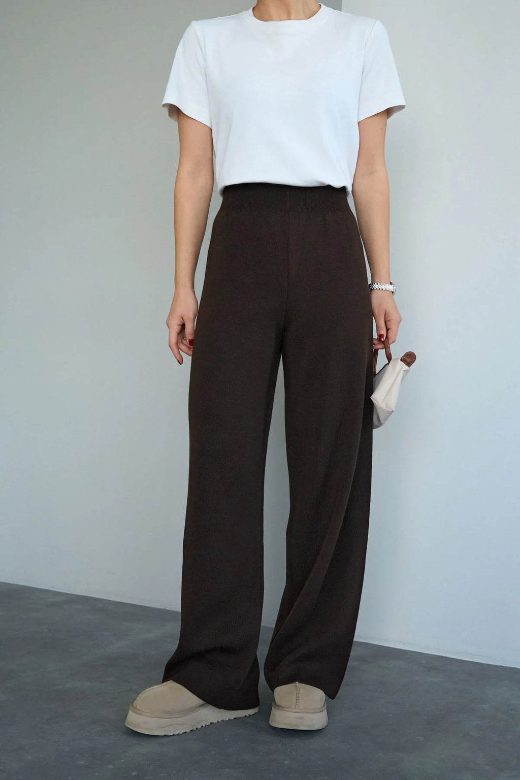 Kadın Yüksek Bel Lastik Detaylı Geniş Paça Triko Pantolon