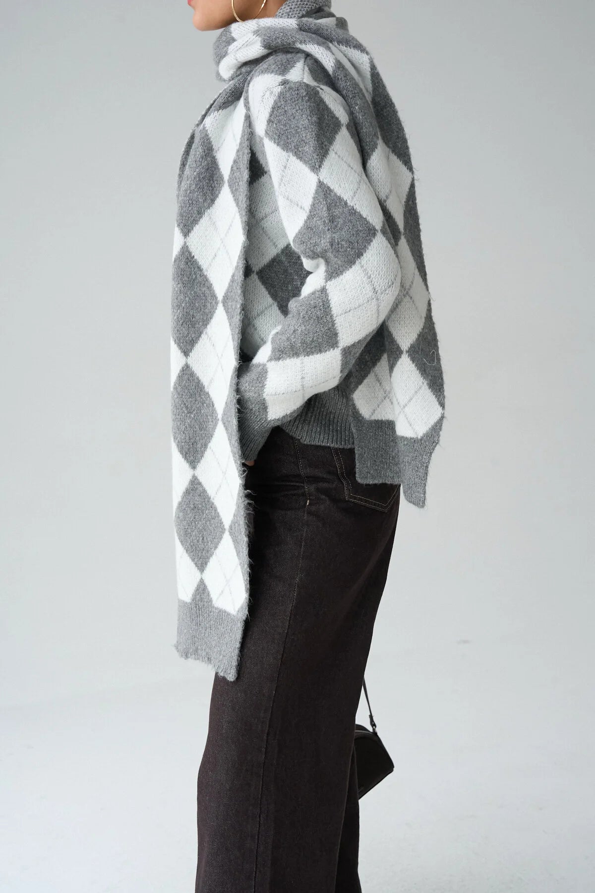 Kadın Gri Polo Yaka Düğmeli Baklava Desenli Atlılı Kazak