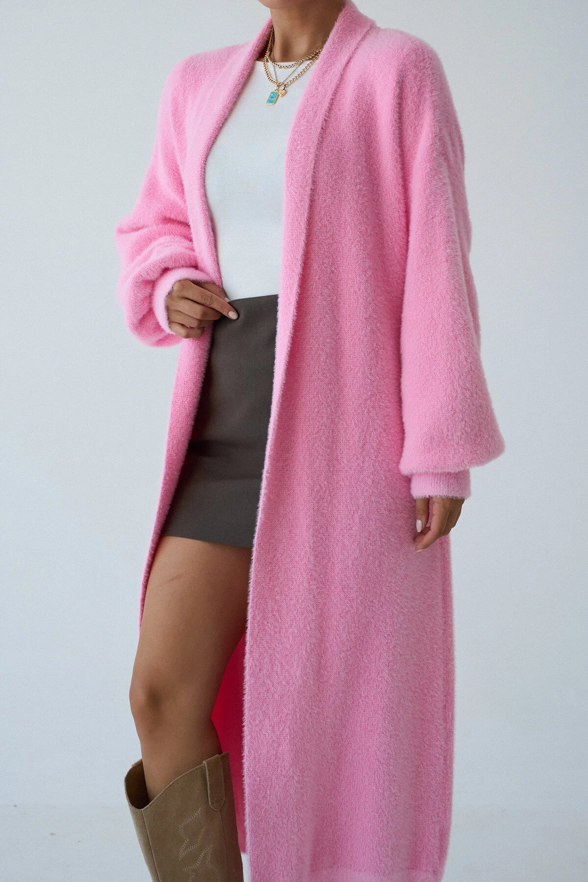 Kadın Şal Yaka Dokulu Balon Kol Uzun Salaş Hırka