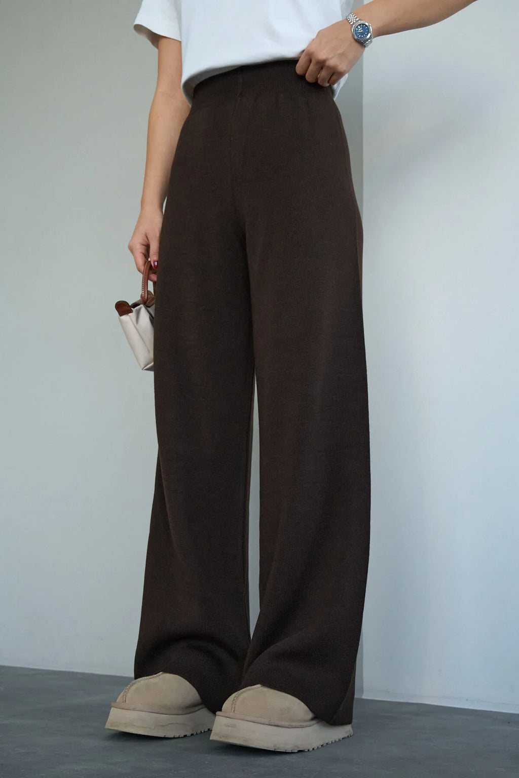 Kadın Yüksek Bel Lastik Detaylı Geniş Paça Triko Pantolon