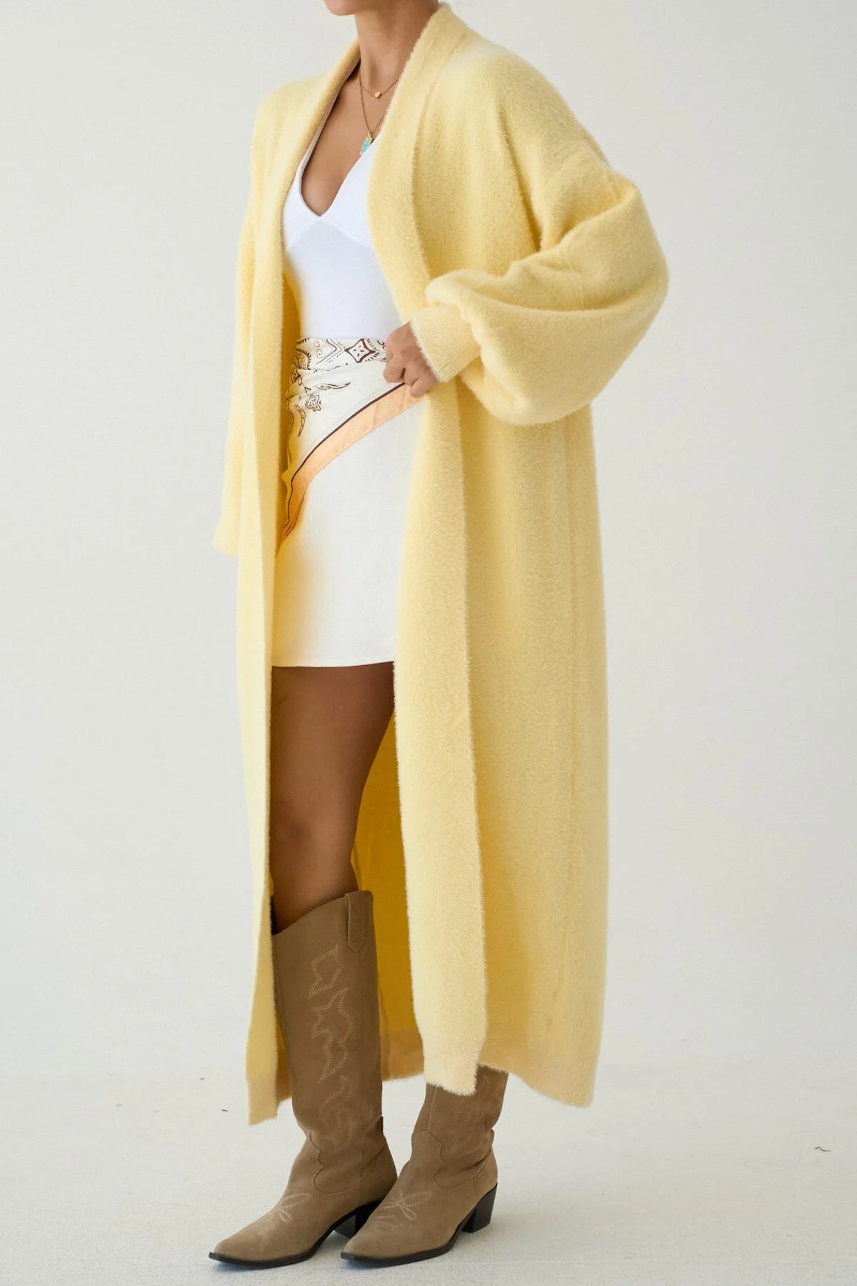 Kadın Şal Yaka Dokulu Balon Kol Uzun Salaş Hırka